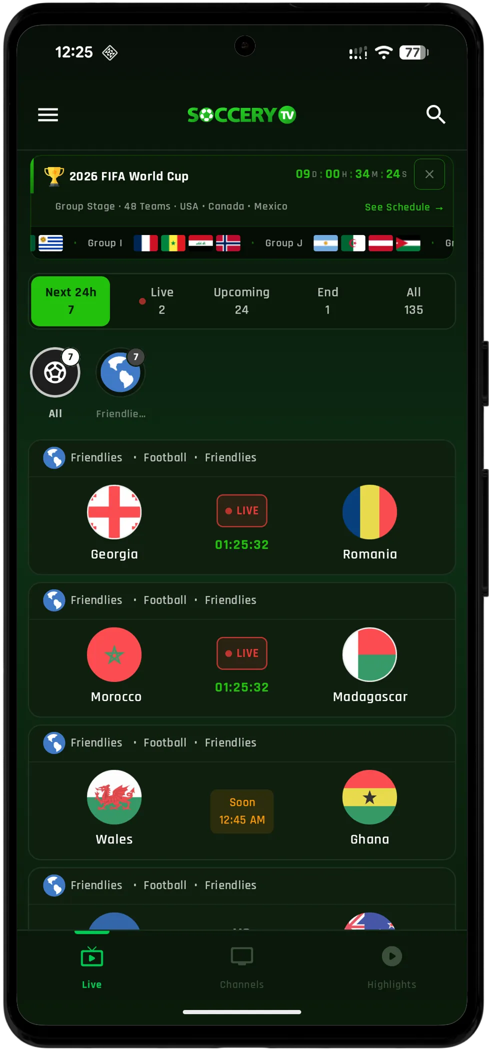 Soccery TV app showing live football